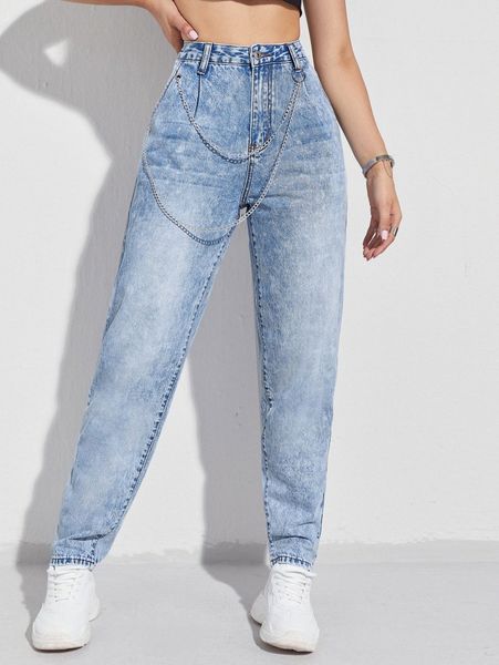 

high waist chain detail mom jeans 13ow#, Blue