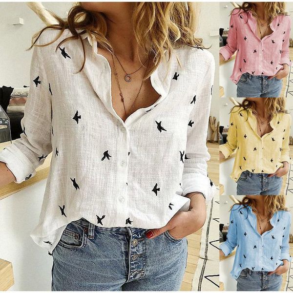 

women's birds print shirts 35% cotton long sleeve female 2021 spring summer loose casual office ladies shirt plus size 5xl, White