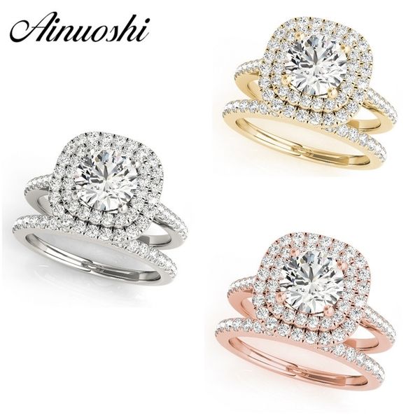 

ainuoshi 925 sterling silver women wedding engagement ring sets double halo 1ct round cut wedding rings princess silver rings y200106, Slivery;golden
