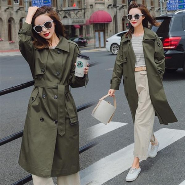 

new 2020 autumn women casual simple classic trench coat with belt female windbreaker manteau femme hiver army green outwear, Tan;black