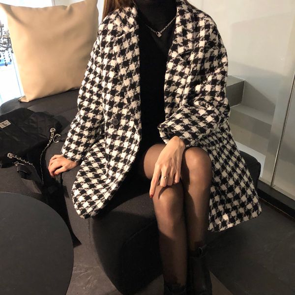 

mwinter 2020 new korean thickened thousand bird check woolen coat, Black
