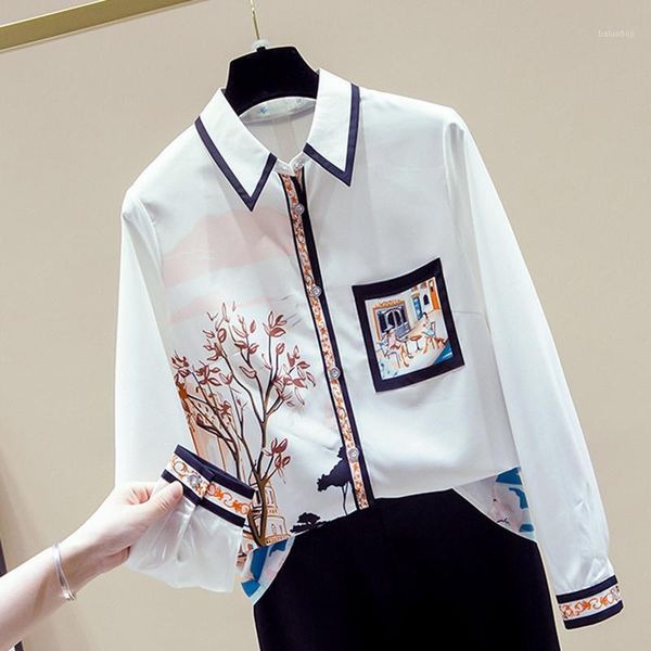 

women fall 2020 new fashion shirt printed shirt female turn-down collar niche korean style loose chiffon blouse gx14401, White