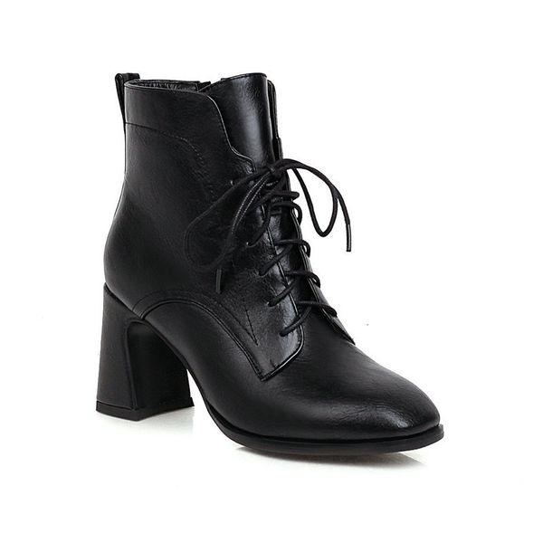 

2021 new round toe lace up all match women autumn winter square heel ankle boots pu leather ladies shoes size 34-43 95we, Black