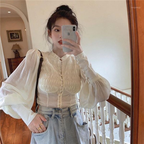 

real s2020 new fashion retro fold design white long sleeve all-match short shirt1