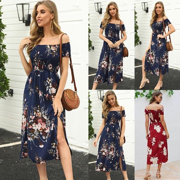 

summer clothes for women robe floral print dress vestido casual mujer strapless chiffon dresses side split dresses sukienka #281, Black;gray