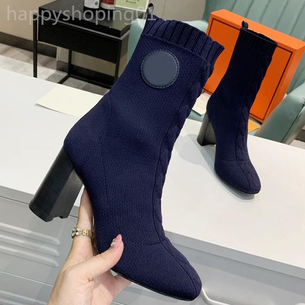 

ladies winter knitted elastic square toe ankle boots high heels cowboy martin boots casual elegant high heel boots, Black
