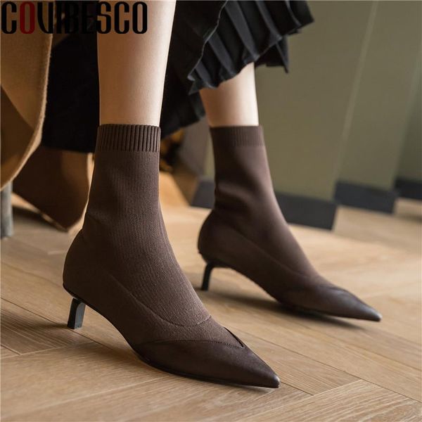 

covibesco fashion genuine leather pointed toe ankle boots popular patchwork high heels pumps autumn winter party shoes woman, Black