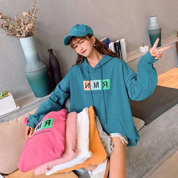 

mid print sleeve women new korean long loose hooded fashion women's sweater, Black