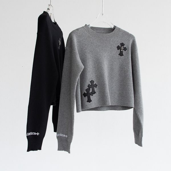 

crosin sweater cross leather label embroidery knitting women's fashionable chic versatile net red short sweater oh02, Black