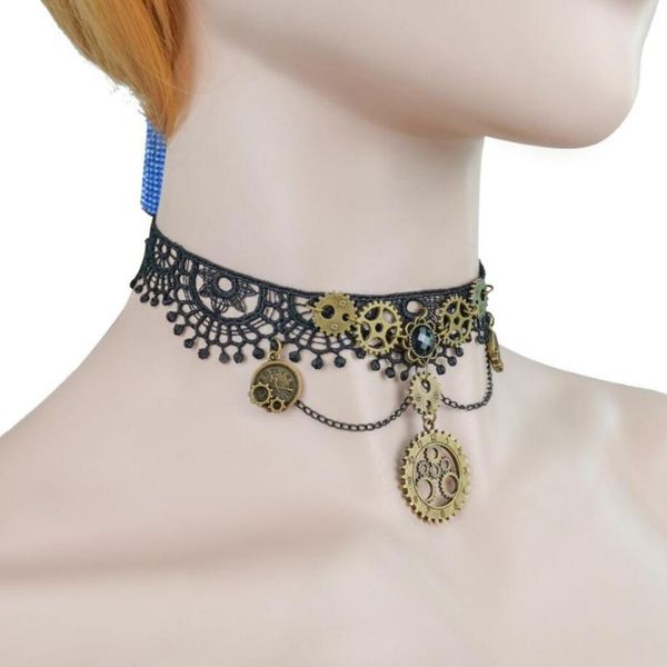 

pendant necklaces round gears vintage steampunk lace choker, Silver