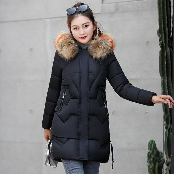 

2019 winter korean style of the new woman's long section slim large fur collar down cotton padded women's jacket, Black