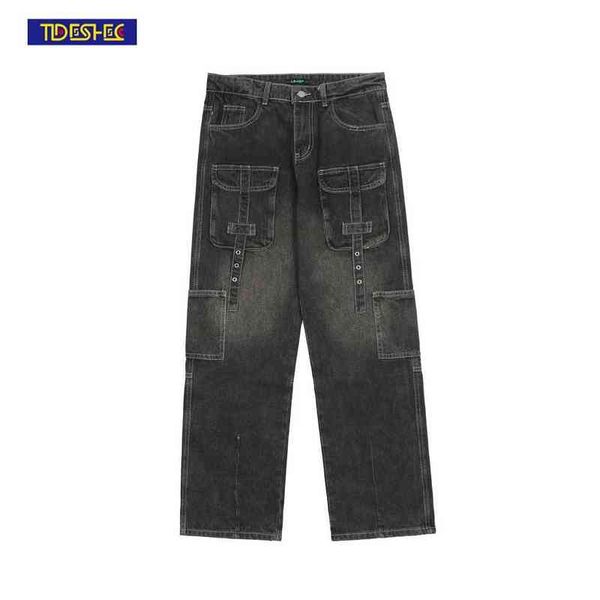 

retro jeans casual straight leg pants pocket trousers men's and women's fashion streetwear plus size denim 0309, Blue
