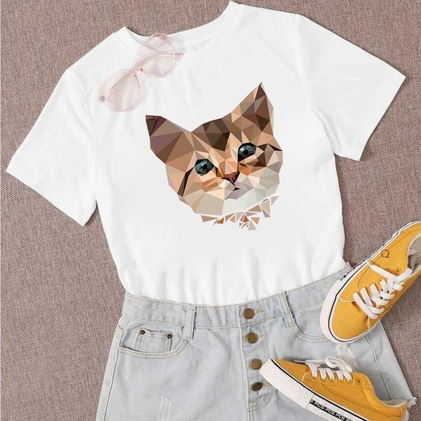 

autumn personality breathable versatile t shirt polygonal animals cat graphic fashion new women t-shirt gorgeous t shirt, White
