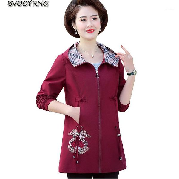 

new mother spring autumn windbreaker women coat middle female embroidered mid-length plus size coat female hooded jacket1, Tan;black