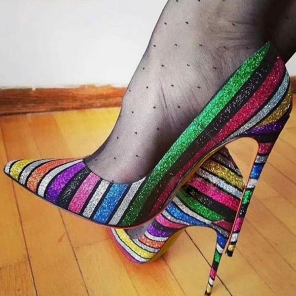 

luxury rainbow glitter high heel shoes 12  8cm multi-color sequined stiletto heels wedding shoes bride pointed toe women pumps, Black