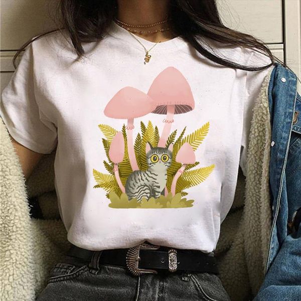 

flower and cat print t shirt harajuku women t shirt cartoon tee shirts female summer short sleeve shirt woman cute tshirt, White