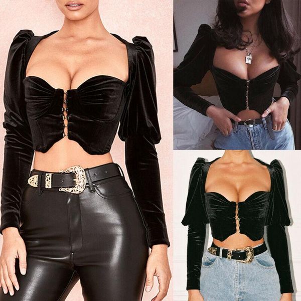 

women's crop velvet bodycon square neck long puff sleeve crop tank t shirt vest bustier black womens t-shirts, White