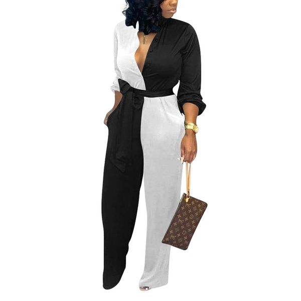 Mulheres Preto Branco Colorblock Jumpsuits Manga Longa Retalhos Roupas Inverno Outono Escritório Elegante Macacões Plus Size XXL T200616