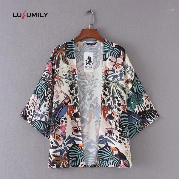 

lusumily 2019 plus size 2xl summer sunproof chiffon kimono cardigan print women floral chiffon beach cardigan camisa mujer1, Black;brown