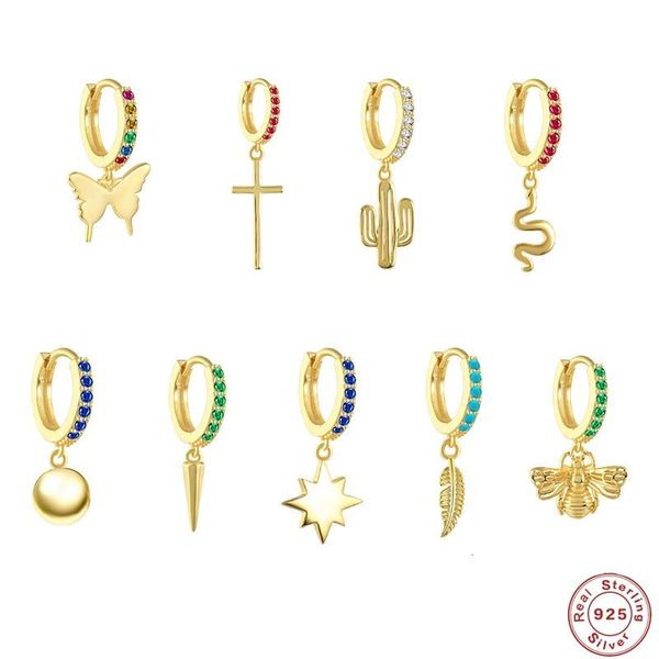 

aide 100% s925 sterling silver hoop earrings for women butterfly colorful cz zircon round loops earings fine jewelry pendientes, Golden;silver