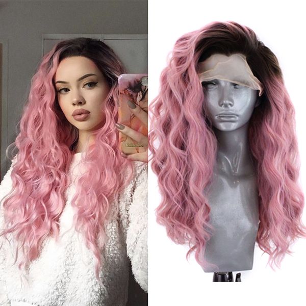 

charisma long ombre pink wig body wave synthetic lace front wig high temperature fiber hair glueless lace wigs cosplay wigs, Black;brown