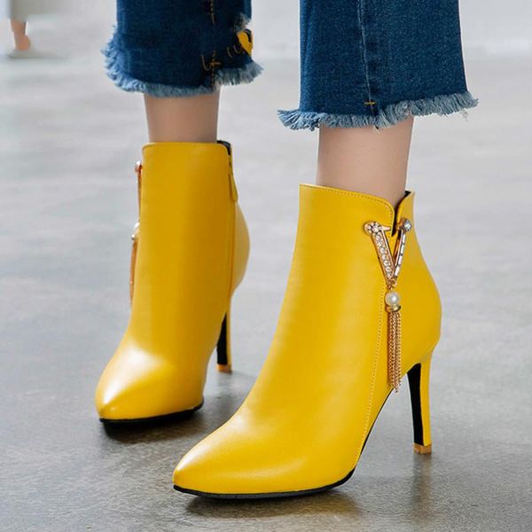 

autumn ankle boots women crystal zipper thin heel short boots fringe super high heel shoes ladies winter big size 33-46, Black