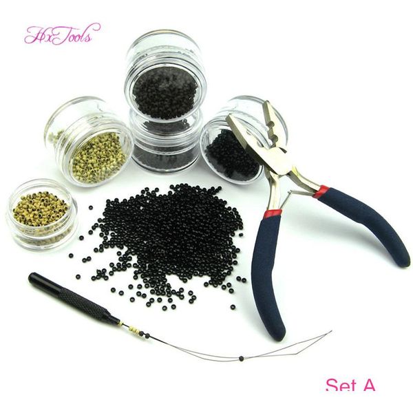 

hair extension tools kits 1 set nano micro rings beads + application tools (quality loop + 2 hole hair wmtgoe, Black;brown