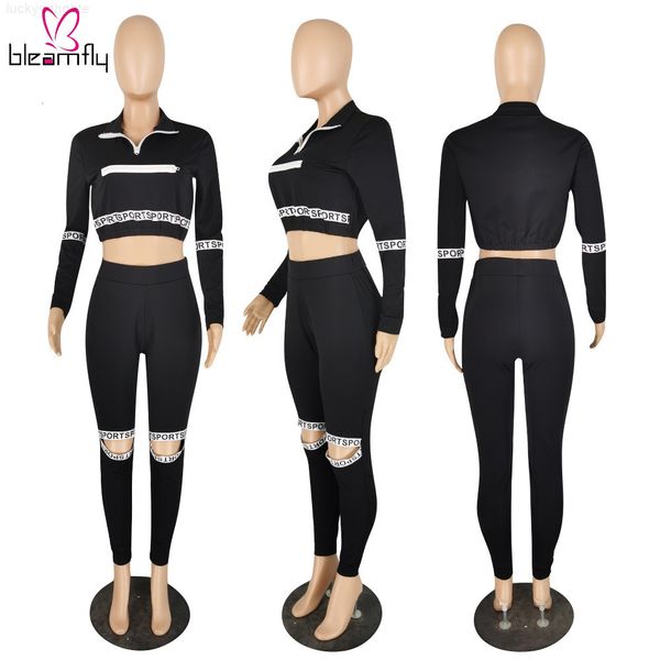 

sports autumn winter women's letter printed long 2 sleeve crop and pants casual two piece set tracksuits, White