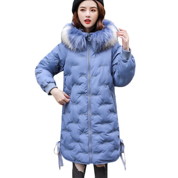 

winter new warm down jacket women korean loose embroidered cotton jackets women's casual hooded fur collar parkas 015, Black