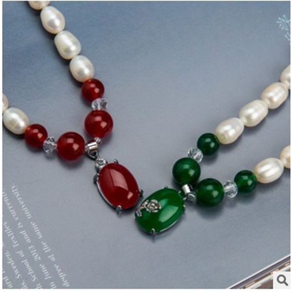 

fashion, red green agate pearl necklace, mother's day gift wholesale, Bronze;silver