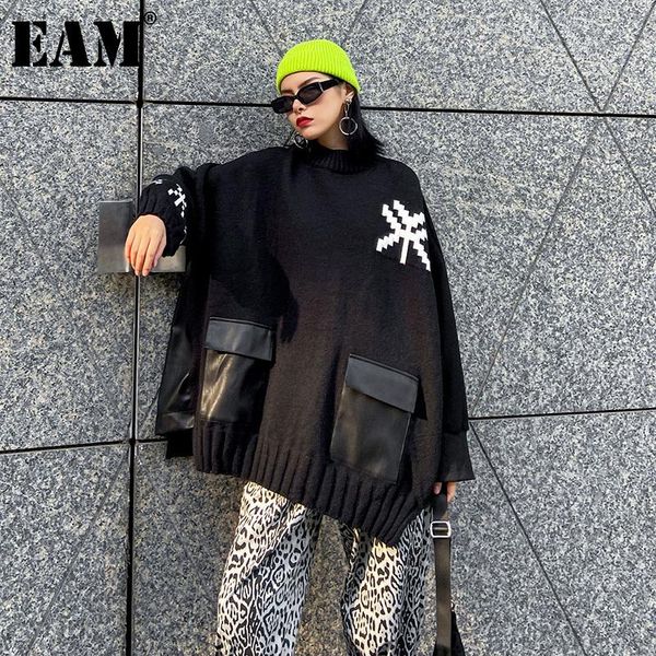 

eam] loose fit knitting pu leather sweatshirt new round neck long sleeve women big size fashion autumn winter 2020 1dd0974, Black