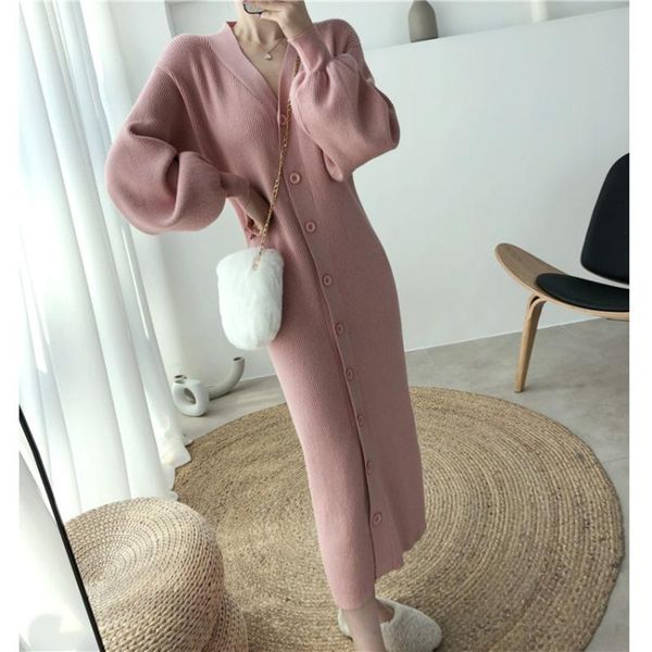 

v neck autumn and winter lantern sleeve sweater dress women's dress single row mouth pit long knit long cardigan 2020, Black;gray
