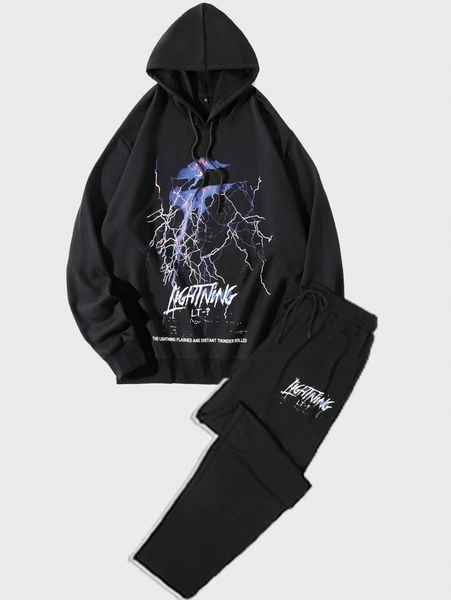 

men lightning and slogan graphic drawstring hoodie & sweatpants x3in#, Gray