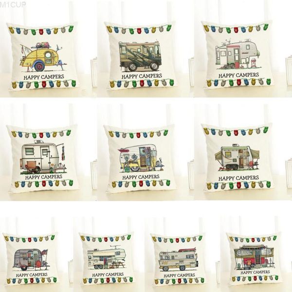

happy case cartoon campers caravan dining car christmas linen pillow cases office home l cushion cover 45*45cm dhc2612