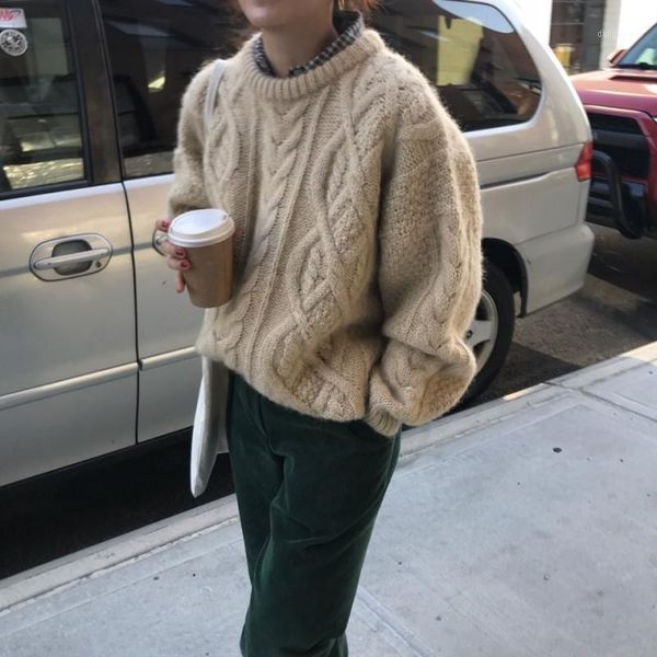 

retro 2020 autumn winter sewater women knitted new sweaters o-neck long sleeve mohair thick twist knit sewater warm pullover, White;black