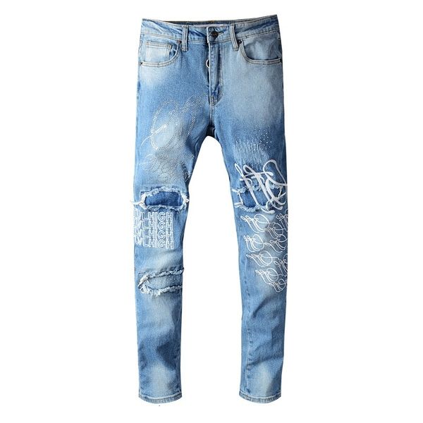 

2021 new large size 28-40 fashion streetwear men designer printed pants slim fit embroidered print stretch ripped jeans trousers 148 y9fe, Blue
