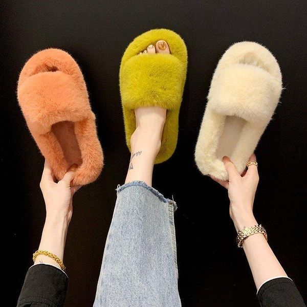 

luxury slippers women beige orange black green for woman hairy fur buckle slip on girl casual shoes soft rubber heels x1020