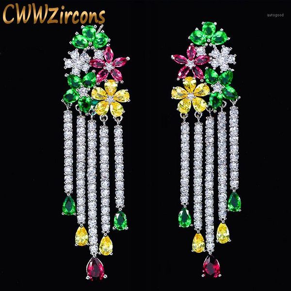 

dangle & chandelier cwwzircons noble multi color flower dangling cz stone long big tassel drop earring for women luxury cubic zirconia jewel, Silver