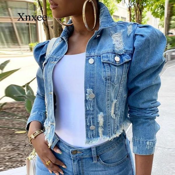 

autumn women ripped denim jackets 2020 vintage casual short jean jacket puff sleeve winter female coat streetwear plus size1, Black;brown