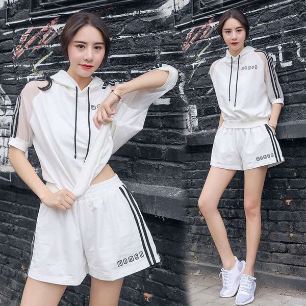 

new hooded sport running casual summer three piece loose stitching mesh yoga suit shows thin and wide legs, Gray