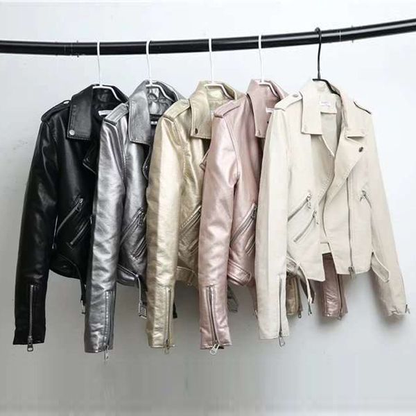 

silver leather jacket women metallic motorcycle short jackets lapel zipper biker coat soft ladies punk streetwear 201028, Black