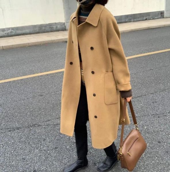 

women's wool & blends 2021 good quality woolen coat hand-stitched double-sided cashmere overcoat double-breasted mid-long jacket, Black