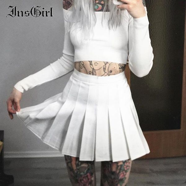 

insgirl harajuku goth punk y2k jk mini skirt women streetwear casual preppy style high waist solid color pleated skirts female, Black