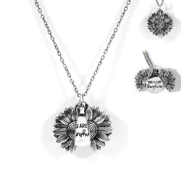 

punk sunflower locket подвеска ожерелье женщины свитер цепи унисекс золотой цвет открыть engrave письмо ожерелья уполномоченные украшения по, Silver