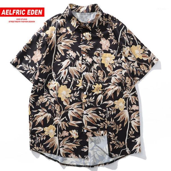 

aelfric eden tropical plant print loose hawaii men shirts streetwear simple casual short sleeve 2020 summer beach cotton 1, White;black