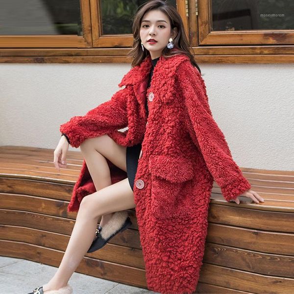 

women's fur & faux winter women lamb coat luxury long loose lapel overcoat thick warm plus size female plush coats1, Black