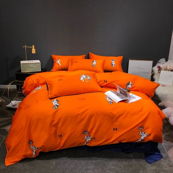 100 % Baumwolle, leuchtend orangefarbenes Bettwäsche-Set, 4-teilig, Cupid HD-Digitaldruck, Bettbezüge-Sets, 60er-Jahre-Satin-Bettwäsche, Doppelbett, Queen-Size-Bett, Laken 201021