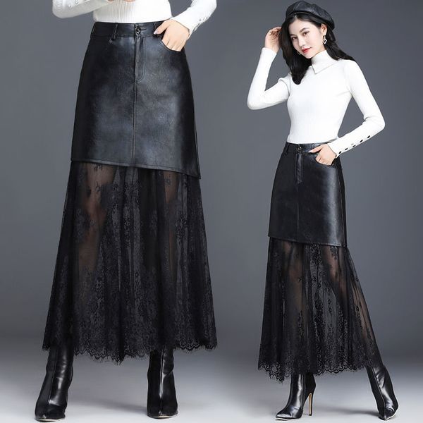 

2021 new spring fashion lace women's clothing plutonium leather long, high female skirt plus size 4xl y411 yk4i, Black