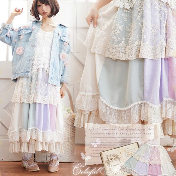 

mori girl sweet pleated skirt women flower multi color stitching embroidery ruffle elastic waist female kawaii skirts a208 y1214, Black