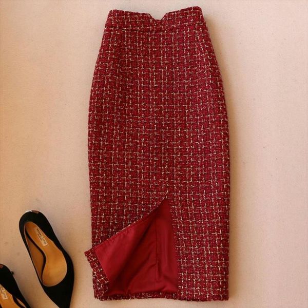 

new arrival tweed woolen skirt women high waist office lady split pencil skirt drop shipping good quality, Black